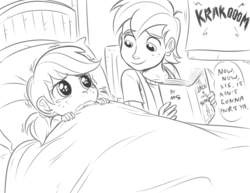 Size: 1347x1041 | Tagged: safe, artist:megasweet, applejack, big macintosh, human, g4, bed, book, crying, fear of thunder, female, humanized, jack and the beanstalk, male, monochrome, pigtails, scared, thunder, thunderstorm, younger