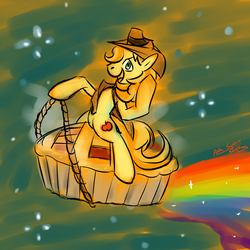 Size: 500x500 | Tagged: source needed, safe, artist:spiritfroc, braeburn, g4, male, pie, rainbow, riding, stallion