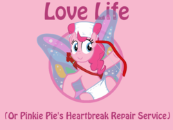 Size: 800x600 | Tagged: safe, artist:currentlyfapping, pinkie pie, earth pony, pony, fanfic:love life pinkie pie's heartbreak repair service, g4, advertisement, author:crowley, cover art, cupid, diaper, diaper on head, fanfic, female, glimmer wings, insect wings, mare, non-baby in diaper, pink, pink background, show accurate, simple background, small diaper, solo, wings