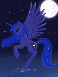 Size: 1200x1600 | Tagged: safe, artist:kaer-morhen, princess luna, pony, g4, eyes closed, female, moon, night, solo, water