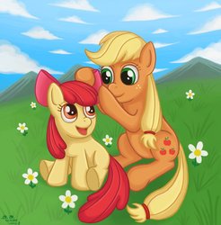 Size: 886x901 | Tagged: dead source, safe, artist:eddiedodoman, apple bloom, applejack, earth pony, pony, g4, apple bloom's bow, bow, cloud, female, filly, flower, grass, hair bow, mare, mountain