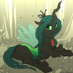 Size: 800x800 | Tagged: safe, artist:javanshir, queen chrysalis, changeling, changeling queen, fly, g4, bugbutt, butt, chrysalass, crown, cute, cutealis, fangs, female, jewelry, lidded eyes, little tree air freshener, looking at you, lying down, on side, plot, prone, quadrupedal, regalia, smiling, solo