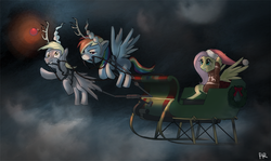 Size: 1000x594 | Tagged: safe, artist:ponyrake, derpy hooves, fluttershy, rainbow dash, pegasus, pony, g4, christmas, female, flying, mare, sleigh, trio