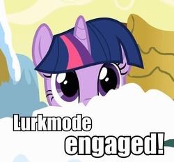 Size: 600x556 | Tagged: safe, edit, edited screencap, screencap, twilight sparkle, pony, unicorn, g4, my little pony: friendship is magic, winter wrap up, female, image macro, lurking, mare, reaction image, solo, text, unicorn twilight