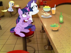 Size: 2048x1536 | Tagged: safe, artist:tokkazutara1164, derpy hooves, rarity, twilight sparkle, pegasus, pony, unicorn, g4, female, food, irl, mare, photo, ponies in real life, restaurant, unicorn twilight, vector