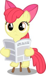 Size: 885x1460 | Tagged: safe, artist:rhubarb-leaf, apple bloom, earth pony, pony, g4, female, filly, foal, newspaper, reading, simple background, sitting, solo, transparent background, vector, written equestrian