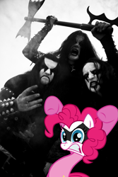 Size: 591x886 | Tagged: safe, pinkie pie, human, g4, axe, black metal, corpse paint, immortal, kvlt, spiked wristband, wristband