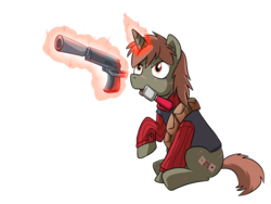 Size: 2000x1500 | Tagged: safe, artist:madmax, oc, oc only, oc:double tap, pony, fallout equestria, fallout equestria: anywhere but here, chemicals, drugs, fanfic, gun, handgun, levitation, magic, male, pistol, scar, simple background, solo, stallion, telekinesis, transparent background