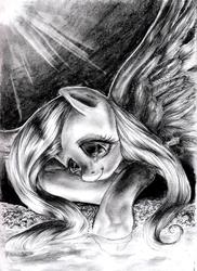 Size: 1224x1682 | Tagged: dead source, safe, artist:my-magic-dream, fluttershy, pony, g4, female, grayscale, solo