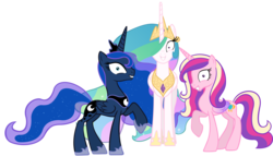 Size: 4000x2292 | Tagged: dead source, safe, artist:draikjack, princess cadance, princess celestia, princess luna, alicorn, pony, princess molestia, g4, alicorn triarchy, colored wings, crown, decadence, female, folded wings, gradient wings, grin, high res, hoof shoes, jewelry, lunaughty, mare, peytral, raised hoof, rapeface, regalia, simple background, smiling, snaplestia, transparent background, trio, trio female, vector, wings