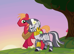 Size: 977x718 | Tagged: safe, artist:gingermint, artist:icekatze, apple bloom, big macintosh, zecora, earth pony, pony, zebra, g4, adobe imageready, fanfic, fanfic art, fanfic cover, flower, interspecies, macora, male, shipping, stallion, straight, tree, trio