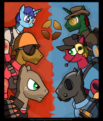Size: 1280x1493 | Tagged: safe, artist:guard-mod, earth pony, pony, unicorn, crossover, engineer, engineer (tf2), female, heavy weapons guy, looking at each other, male, mare, medic, medic (tf2), ponified, pyro (tf2), scout (tf2), sniper, sniper (tf2), stallion, team fortress 2, tf2 logo