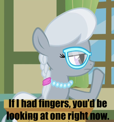 Size: 800x850 | Tagged: safe, silver spoon, g4, angry, caption, fingers, glasses, image macro, implied middle finger, reaction image