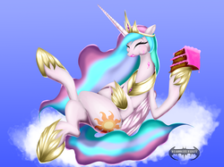 Size: 1711x1278 | Tagged: safe, artist:da-goddamn-batguy, princess celestia, alicorn, pony, g4, belly, cake, cakelestia, chubby, eating, eyes closed, female, folded wings, food, gradient background, lying down, mare, on back, signature, solo, wings