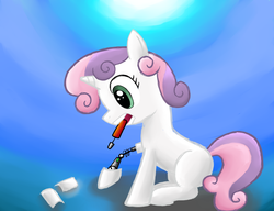 Size: 1300x1000 | Tagged: safe, artist:cyberfire22, sweetie belle, pony, robot, robot pony, unicorn, g4, blank flank, female, filly, foal, hooves, horn, maintenance, mouth hold, newbie artist training grounds, repairing, self-repair, sitting, solo, sweetie bot, teeth