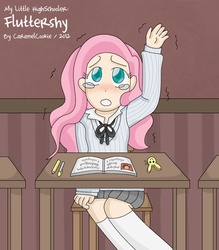 Size: 550x627 | Tagged: safe, artist:caramelcookie, fluttershy, human, g4, clothes, female, humanized, schoolgirl, skirt, solo