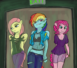 Size: 1173x1033 | Tagged: safe, artist:poptart36, fluttershy, pinkie pie, rainbow dash, earth pony, pegasus, anthro, g4, bracelet, breasts, cleavage, clothes, denim, ear piercing, female, fishnet clothing, jeans, jewelry, pants, piercing, trio