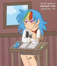 Size: 550x627 | Tagged: safe, artist:caramelcookie, rainbow dash, human, g4, clothes, female, humanized, schoolgirl, skirt, solo, window