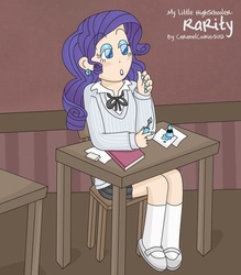 Size: 550x627 | Tagged: safe, artist:caramelcookie, rarity, human, g4, book, clothes, ear piercing, earring, female, humanized, jewelry, nail polish, piercing, schoolgirl, skirt, solo