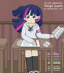 Size: 550x627 | Tagged: safe, artist:caramelcookie, twilight sparkle, human, g4, book, clothes, female, humanized, schoolgirl, skirt, solo