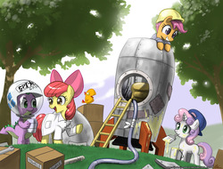 Size: 1200x914 | Tagged: safe, artist:johnjoseco, apple bloom, peewee, scootaloo, spike, sweetie belle, earth pony, pegasus, pony, unicorn, g4, clothes, cutie mark crusaders, hard hat, hat, helmet, lab coat, paint, rocket, space helmet