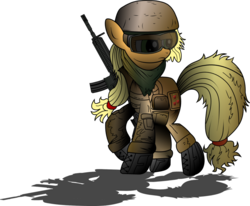 Size: 900x741 | Tagged: safe, artist:shysolid, applejack, earth pony, pony, g4, army, female, gun, mare, military, simple background, soldier, solo, transparent background, weapon