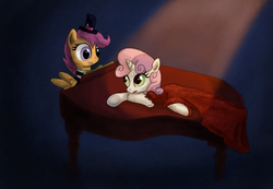 Size: 3498x2423 | Tagged: safe, artist:hewison, scootaloo, sweetie belle, pegasus, pony, unicorn, g4, clothes, duo, duo female, female, high res, musical instrument, piano