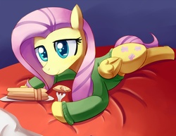 Size: 1100x850 | Tagged: safe, artist:negativefox, fluttershy, pegasus, pony, g4, bed, clothes, eating, female, fork, lying down, mare, on bed, pancakes, prone, solo, sweater, sweatershy