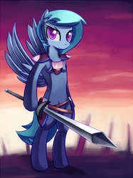 Size: 597x800 | Tagged: safe, artist:negativefox, oc, oc only, pegasus, pony, armor, bipedal, sword, unconvincing armor, weapon