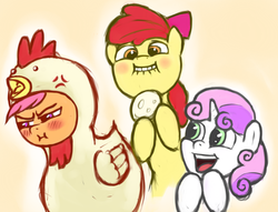 Size: 797x609 | Tagged: safe, artist:poptart36, apple bloom, scootaloo, sweetie belle, earth pony, pegasus, pony, unicorn, g4, angry, annoyed, blushing, bow, chicken suit, clothes, cross-popping veins, cute, cutie mark crusaders, egg, faic, female, hair bow, holding, madorable, open mouth, scootachicken, scootaloo is not amused, simple background, stifling laughter, trio, trio female, unamused, yellow background
