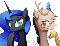 Size: 1100x850 | Tagged: safe, artist:negativefox, discord, nightmare moon, alicorn, draconequus, pony, g4, glasses, implied threesome, tsundere moon