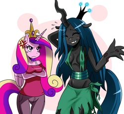Size: 1435x1321 | Tagged: safe, artist:ss2sonic, princess cadance, queen chrysalis, alicorn, changeling, changeling queen, anthro, g4, absolute cleavage, arm under breasts, blushing, breasts, cleavage, duo, female, smiling