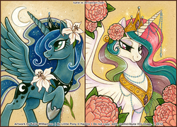 Size: 800x573 | Tagged: safe, artist:patchwerk-kw, princess celestia, princess luna, alicorn, pony, g4, beautiful, bedroom eyes, cute, daily deviation, duo, eyebrows, eyebrows visible through hair, female, flower, flower in hair, horn, horn jewelry, jewelry, looking away, looking back, mare, modified accessory, moon, necklace, raised hoof, royal sisters, siblings, sisters, smiling, smirk, spread wings, stars, wings