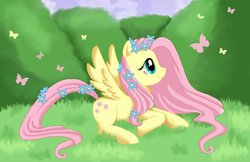 Size: 1330x861 | Tagged: safe, artist:mel-rosey, fluttershy, butterfly, pony, g4, cute, female, flower, flower in hair, flower in tail, mare, profile, prone, shyabetes, solo