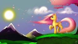 Size: 1280x720 | Tagged: safe, artist:cobaltsnow, fluttershy, pegasus, pony, g4, cloud, female, folded wings, grass, mare, mountain, profile, raised hoof, signature, sky, solo, sun, tree, wind, windswept mane, windswept tail, wings
