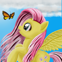 Size: 1000x1000 | Tagged: dead source, safe, artist:denial-is-tragic, fluttershy, butterfly, pegasus, pony, g4, cloud, female, solo