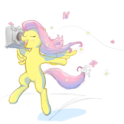 Size: 1024x1024 | Tagged: safe, artist:biggerponiverse, angel bunny, fluttershy, butterfly, pony, g4, bipedal, eyes closed, flower, singing, stereo