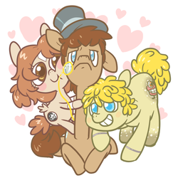 Size: 600x600 | Tagged: safe, artist:askloveletters, oc, oc only, pony, blush sticker, blushing, chibi, female, filly, foal, grin, hat, looking at you, male, monochrome, neck hug, simple background, smiling, squishy cheeks, stallion, top hat, trio, white background
