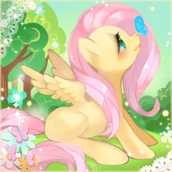 Size: 400x400 | Tagged: safe, artist:bnob, fluttershy, butterfly, pony, g4, blushing, cute, female, insect on nose, looking at something, looking up, outdoors, profile, shyabetes, sitting, smiling, solo, spread wings