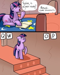 Size: 960x1200 | Tagged: safe, artist:slavedemorto, twilight sparkle, pony, unicorn, g4, bed, bedroom, book, comic, dialogue, horn, implied spike, open mouth, qwop, raised hoof, speech bubble, stairs, text, this will end in pain, twilight vs walking, unicorn twilight