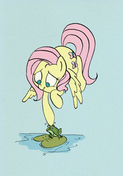 Size: 700x1000 | Tagged: safe, artist:bitter-knitter, fluttershy, frog, pegasus, pony, g4, floating, lilypad, poking, unamused, water