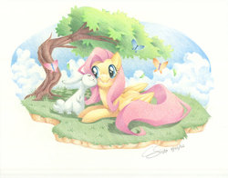 Size: 600x470 | Tagged: safe, artist:onlyahalfbreed, angel bunny, fluttershy, butterfly, g4, cute, traditional art, tree