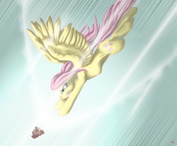 Size: 931x768 | Tagged: safe, artist:chickenwhite, fluttershy, bird, g4, diving, female, solo, speed lines