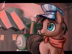 Size: 1400x1050 | Tagged: safe, artist:mister-markers, full steam, promontory, earth pony, pony, g4, looking back, male, solo, stallion, train, train station