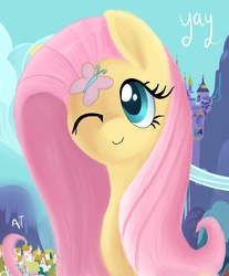 Size: 620x750 | Tagged: safe, artist:mastercheefs, fluttershy, butterfly, pony, g4, bust, canterlot, female, looking at something, looking up, mare, one eye closed, ponyville, portrait, smiling, solo, three quarter view, yay