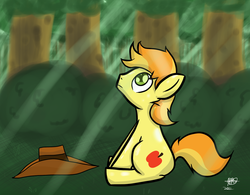 Size: 1280x1000 | Tagged: safe, artist:mister-markers, braeburn, earth pony, pony, g4, forest, looking up, male, sitting, solo