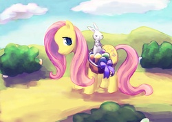 Size: 1000x707 | Tagged: safe, artist:neesha, angel bunny, fluttershy, pegasus, pony, g4, female, looking at you, mare