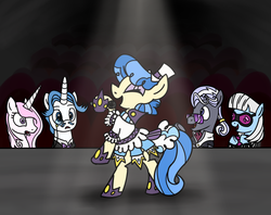 Size: 3358x2657 | Tagged: safe, artist:wolframclaws, fancypants, fleur-de-lis, hoity toity, photo finish, sapphire shores, earth pony, pony, unicorn, g4, bipedal, female, high res, male, mare, singing, stage, stallion
