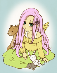 Size: 600x769 | Tagged: safe, artist:christinies, angel bunny, fluttershy, deer, human, squirrel, g4, clothes, female, humanized, long skirt, looking at you, skirt, solo, sweater, sweatershy, winged humanization