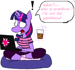 Size: 577x539 | Tagged: safe, artist:milkshake321, twilight sparkle, anthro, g4, artifact, clothes, computer, crossover, drink, female, implied crossover, implied crossover shipping, implied mordecai, implied mordetwi, implied shipping, implied straight, implied twilight sparkle, laptop computer, levitation, magic, male, reaction image, regular show, simple background, socks, solo, telekinesis, white background